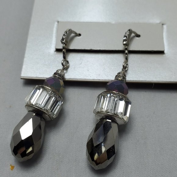 ALI KHAN grey faceted drop with rhinestones fish hook earring with gift box - Picture 6 of 7